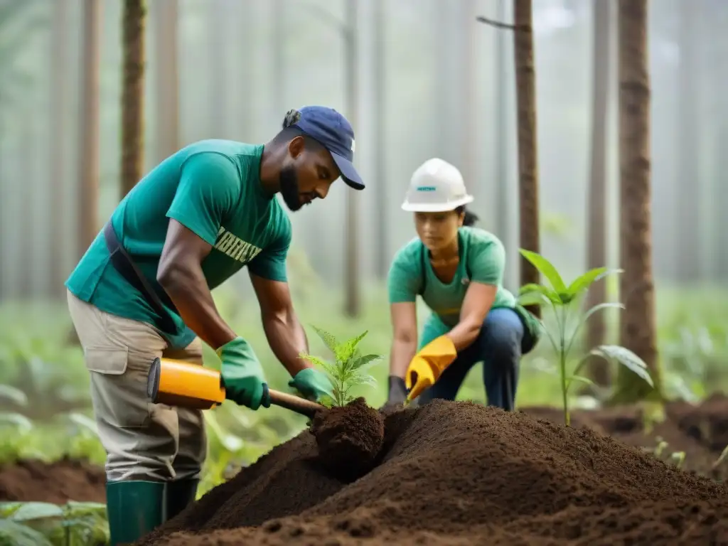 Voluntarios reforestadores en acción: diversidad y compromiso Grupo diverso de voluntarios plantando árboles en el bosque