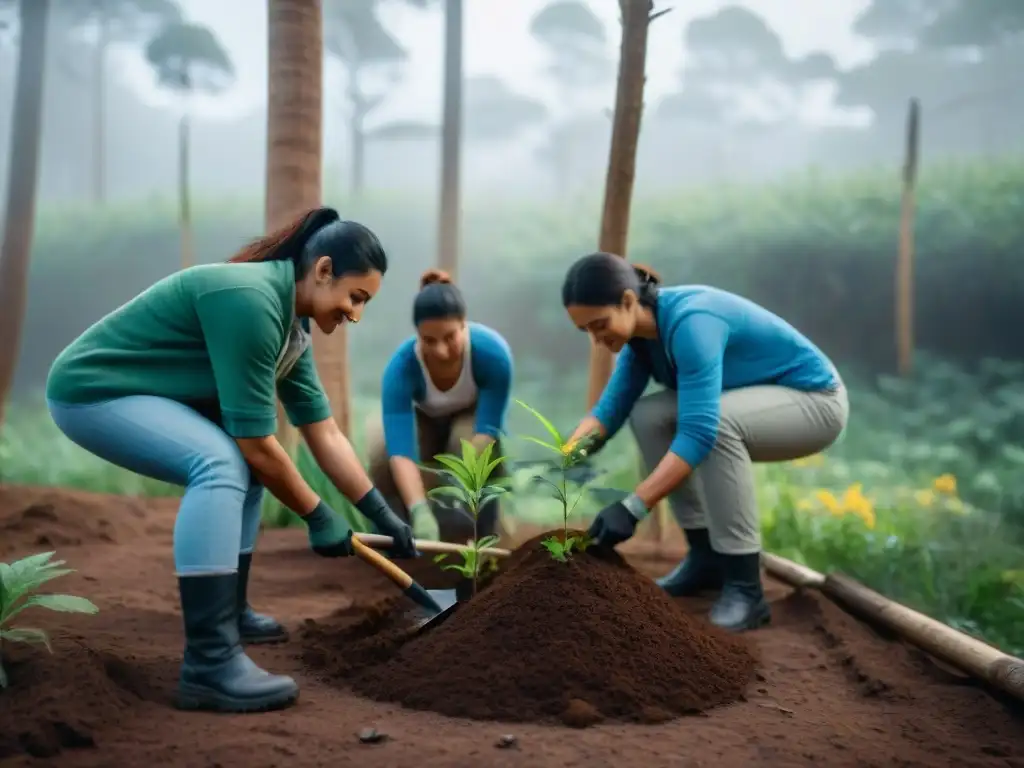 Voluntarios plantando árboles juntos en un bosque de Uruguay Grupo diverso de voluntarios plantando árboles en un bosque de Uruguay