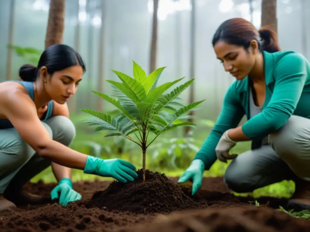 Voluntarios plantando árboles: armonía en la foresta de Uruguay Un grupo diverso de voluntarios planta árboles jóvenes en un bosque de Uruguay