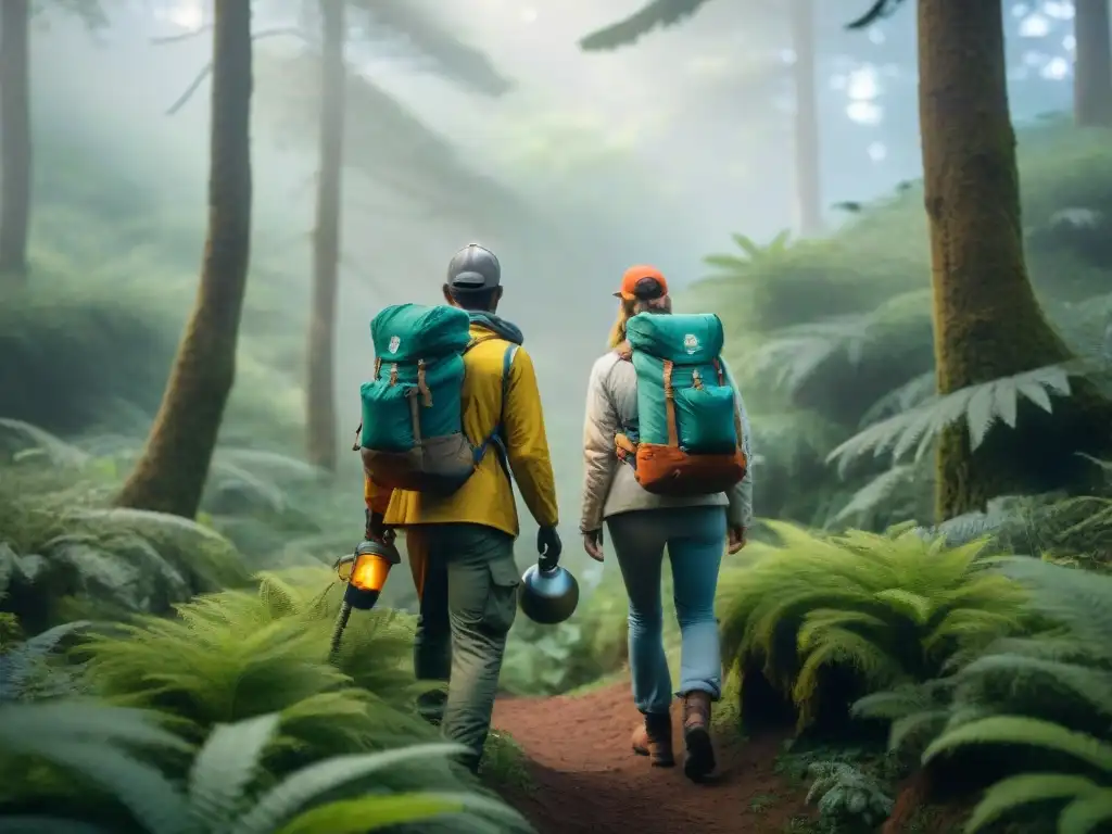 Voluntarios en acción: conservación en el bosque de Uruguay Grupo diverso de voluntarios en camping, caminando por un bosque exuberante en Uruguay
