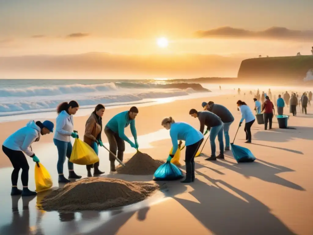 Voluntarios unidos limpian playa al atardecer en Uruguay Un grupo diverso de voluntarios limpia una playa en Uruguay al atardecer