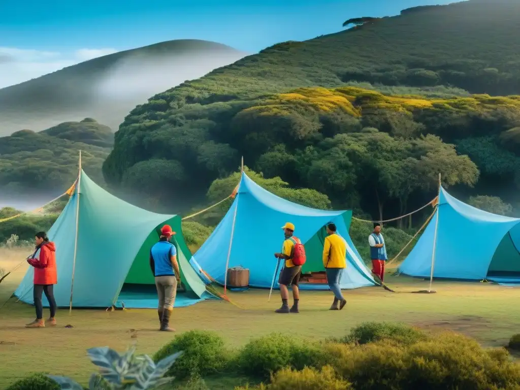Voluntarios en acción: campamento vibrante en Uruguay Un grupo diverso de voluntarios realiza tareas de mantenimiento en un campamento en Uruguay, mostrando espíritu comunitario