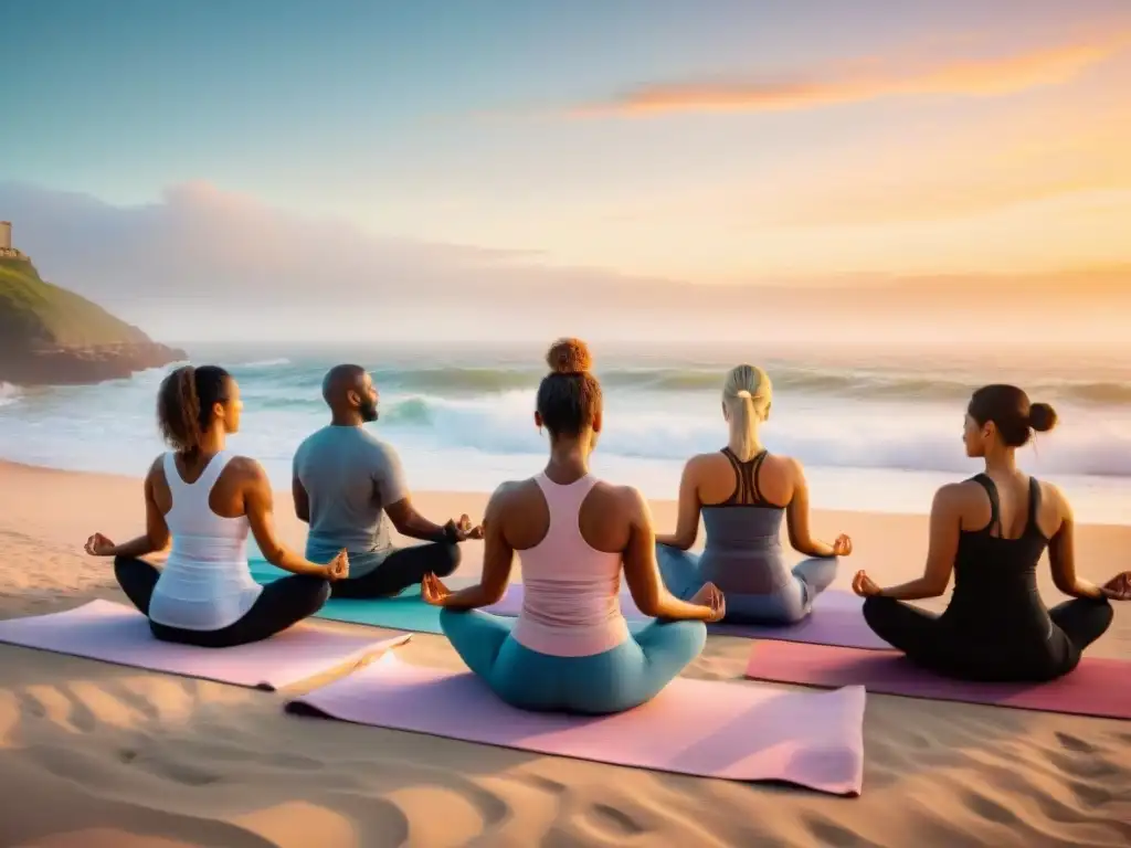 Yoga al amanecer: sesión serena en playa de Uruguay Grupo diverso practicando yoga al aire libre en la playa al amanecer en Uruguay