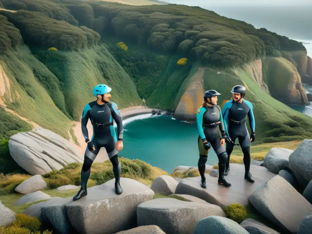 Descenso en Roca: Aventura Extrema en Uruguay Un grupo emocionado de deportistas extremos en Uruguay se prepara para descender un acantilado rocoso