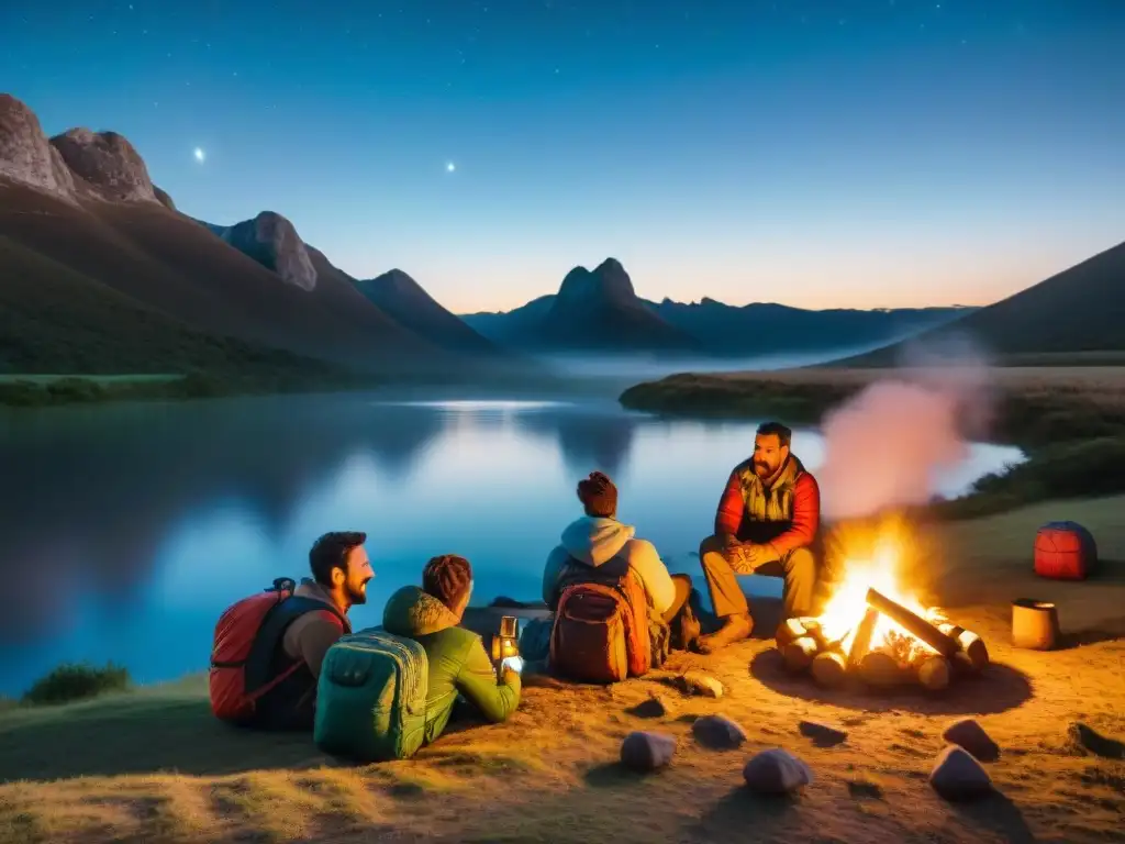 Campamento nocturno junto al río en Uruguay Un grupo de entusiastas campistas en Uruguay capturando momentos con cámaras instantáneas alrededor de la fogata bajo el cielo estrellado