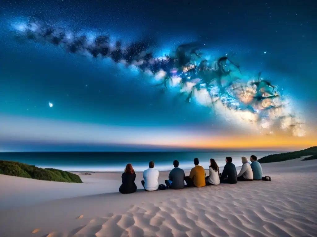 Observadores estelares en la playa de Uruguay Grupo de entusiastas observadores astronómicos en la playa de Uruguay bajo un cielo estrellado