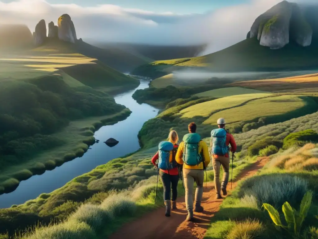 Exploradores en Uruguay: Caminata con calzado de camping avanzado Un grupo de excursionistas con calzado camping Uruguay avanzado, explorando paisajes naturales en Uruguay