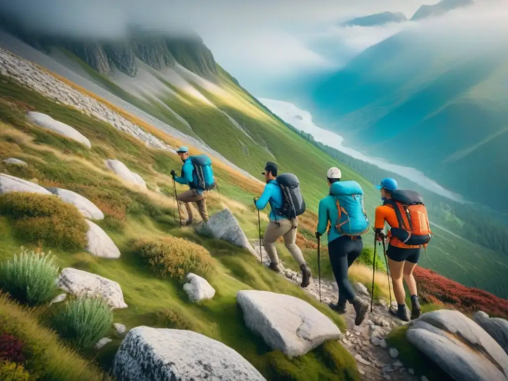 Equipo de excursionistas en montaña, mostrando solidaridad y precaución Un grupo de excursionistas ayuda a un compañero en una senda rocosa en la montaña, demostrando trabajo en equipo y precaución