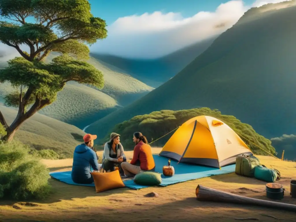 Experiencia de campamento en Uruguay con frutas deshidratadas Un grupo de excursionistas acampa en los exuberantes bosques de Uruguay, montando tiendas de colores y encendiendo fogatas
