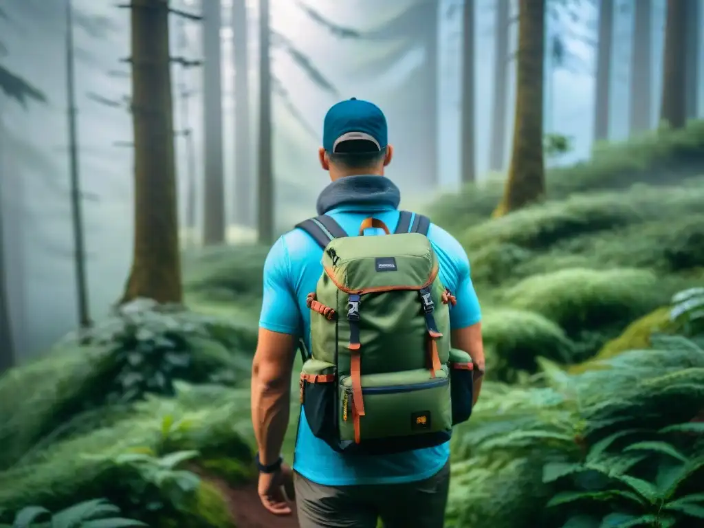 Exploradores con mochilas técnicas de alta calidad en bosque vibrante Grupo de excursionistas con mochilas técnicas de calidad superior, explorando sendero en bosque verde exuberante