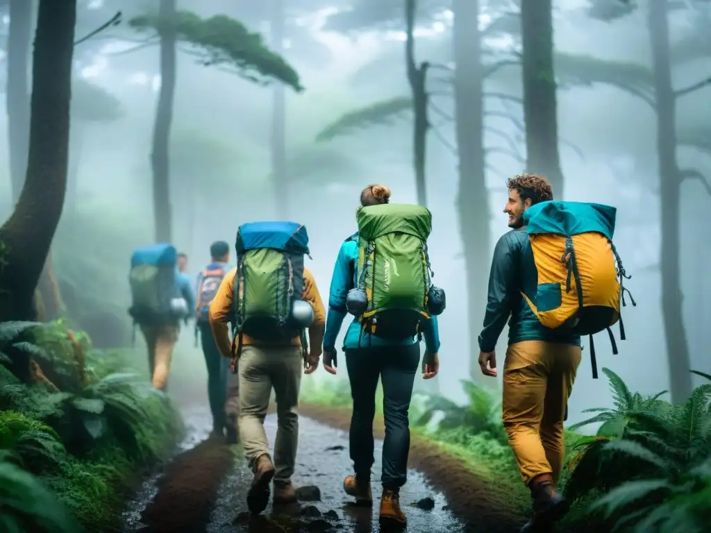 Grupo de excursionistas con mochilas técnicas impermeables en bosque lluvioso de Uruguay