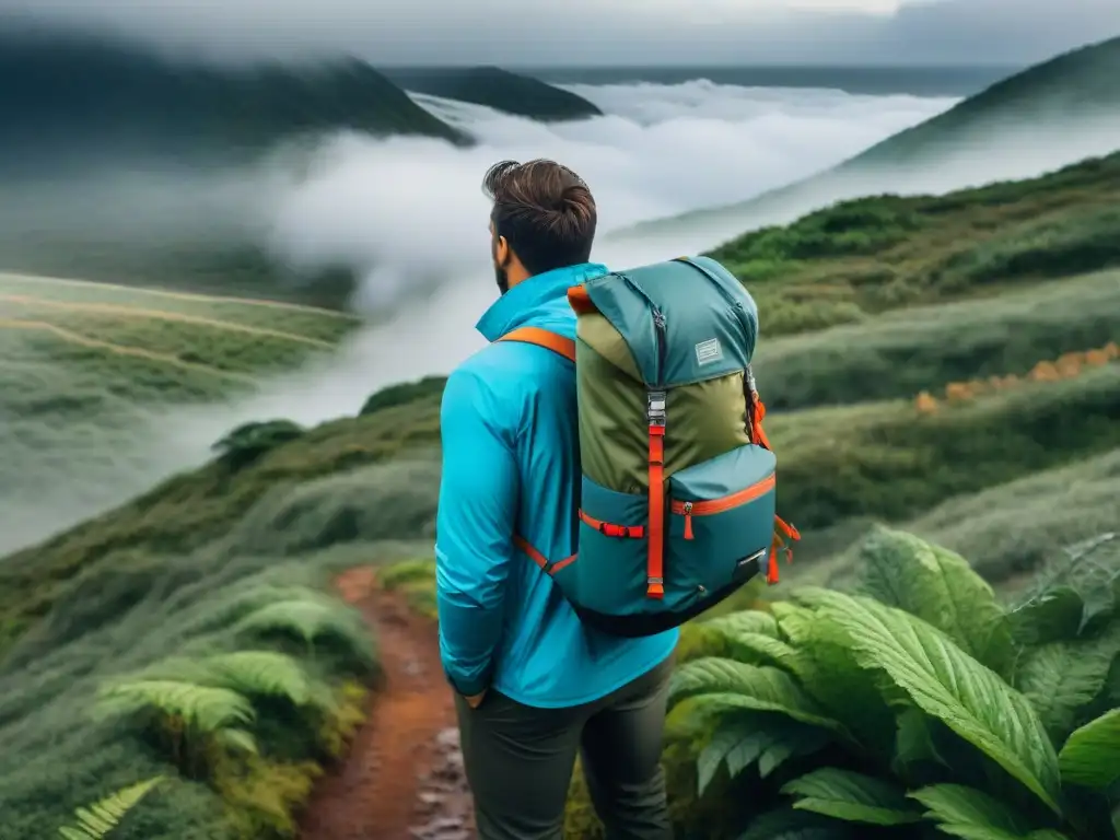Un grupo de excursionistas con mochilas técnicas impermeables atraviesa los paisajes lluviosos de Uruguay