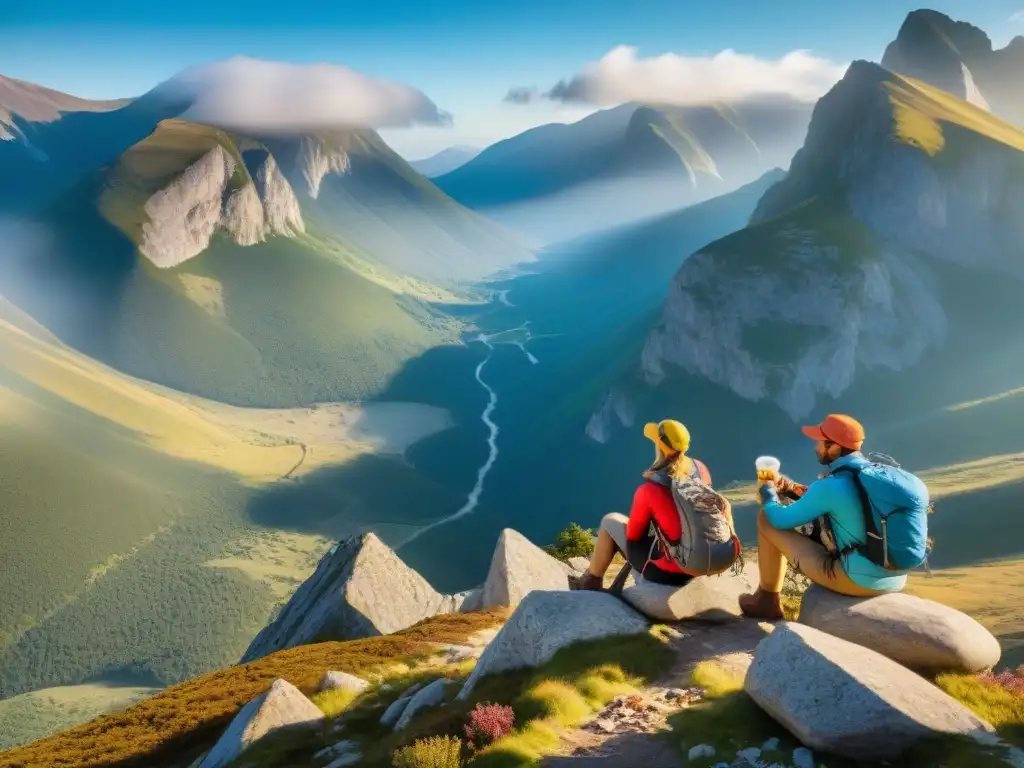 Descanso entre montañas: Hikers disfrutan snacks en la naturaleza Un grupo de excursionistas descansando en las montañas con Snacks deshidratados para caminatas largas