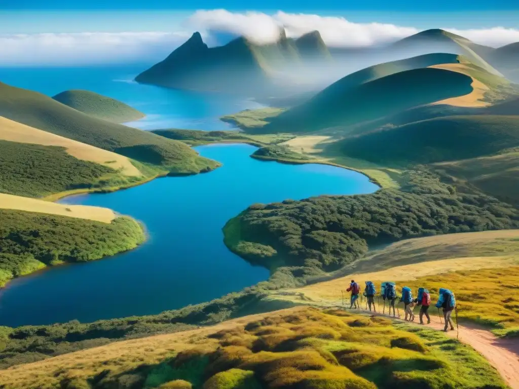 Exploración en Uruguay: Hikers en paisaje natural Un grupo de excursionistas recorriendo el paisaje de Uruguay, mostrando aventura y exploración en la naturaleza