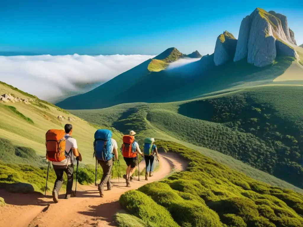 Exploración en Uruguay: Hikers en paisajes vívidos Grupo de excursionistas explorando los paisajes de Uruguay, con mochilas y equipo, transmitiendo aventura y libertad