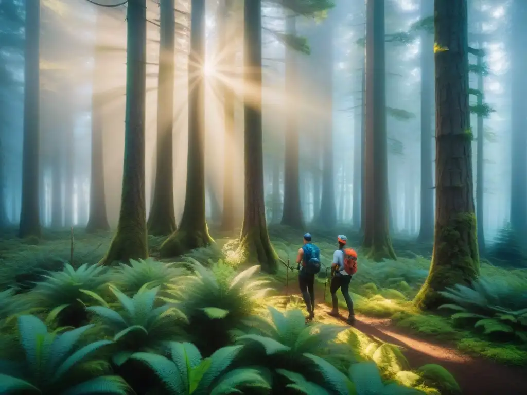 Encrucijada en el bosque: navegación en la naturaleza Grupo de excursionistas perdidos en un bosque, consultando GPS con expresión de confusión