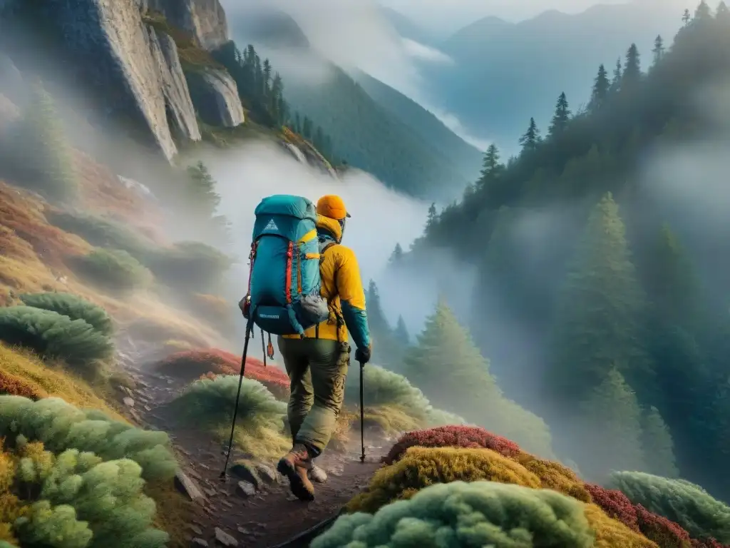 Excursión extrema en montaña: equipo resistente y paisaje misterioso Grupo de excursionistas con ropa camping resistente intemperie explorando montaña brumosa