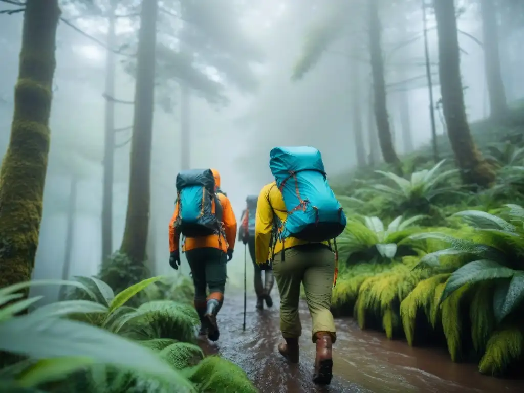 Excursión en bosque lluvioso de Uruguay: equipo técnico resistente al agua Grupo de excursionistas con ropa técnica en un bosque lluvioso de Uruguay