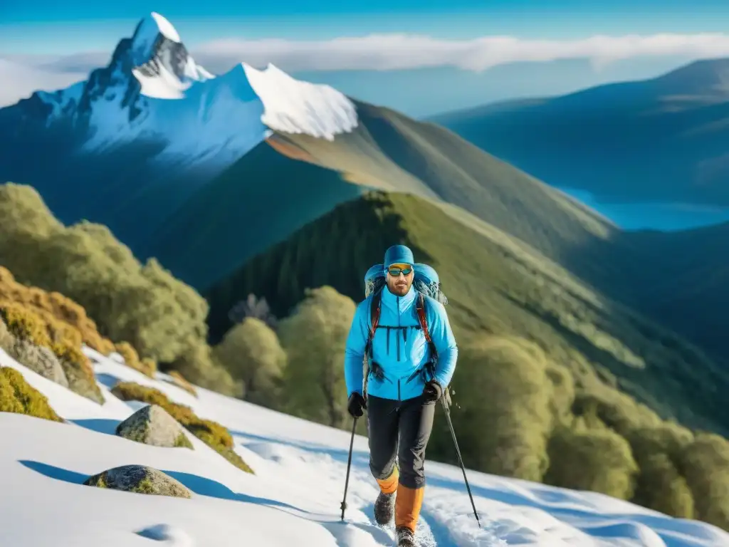 Expedición invernal: hikers en Uruguay con ropa técnica para frío Grupo de excursionistas con ropa técnica para camping en Uruguay, disfrutando de un paisaje nevado