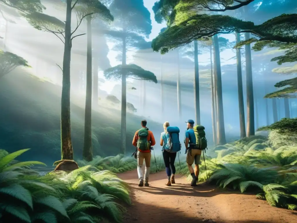 Exploradores en la selva de Uruguay: navegando con mapa y brújula Un grupo de excursionistas en Uruguay sigue su ruta con mapa y brújula en un bosque exuberante
