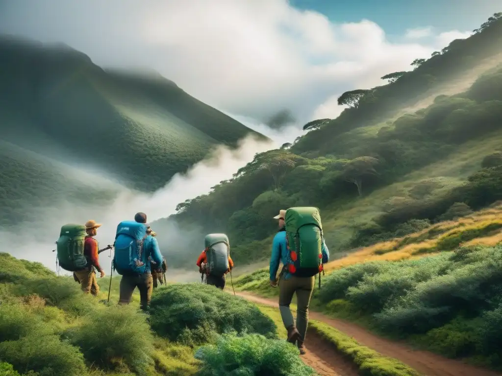 Exploradores equipados: Campamento avanzado en Uruguay Un grupo de experimentados campistas con mochilas técnicas para camping en Uruguay, explorando bosques exuberantes