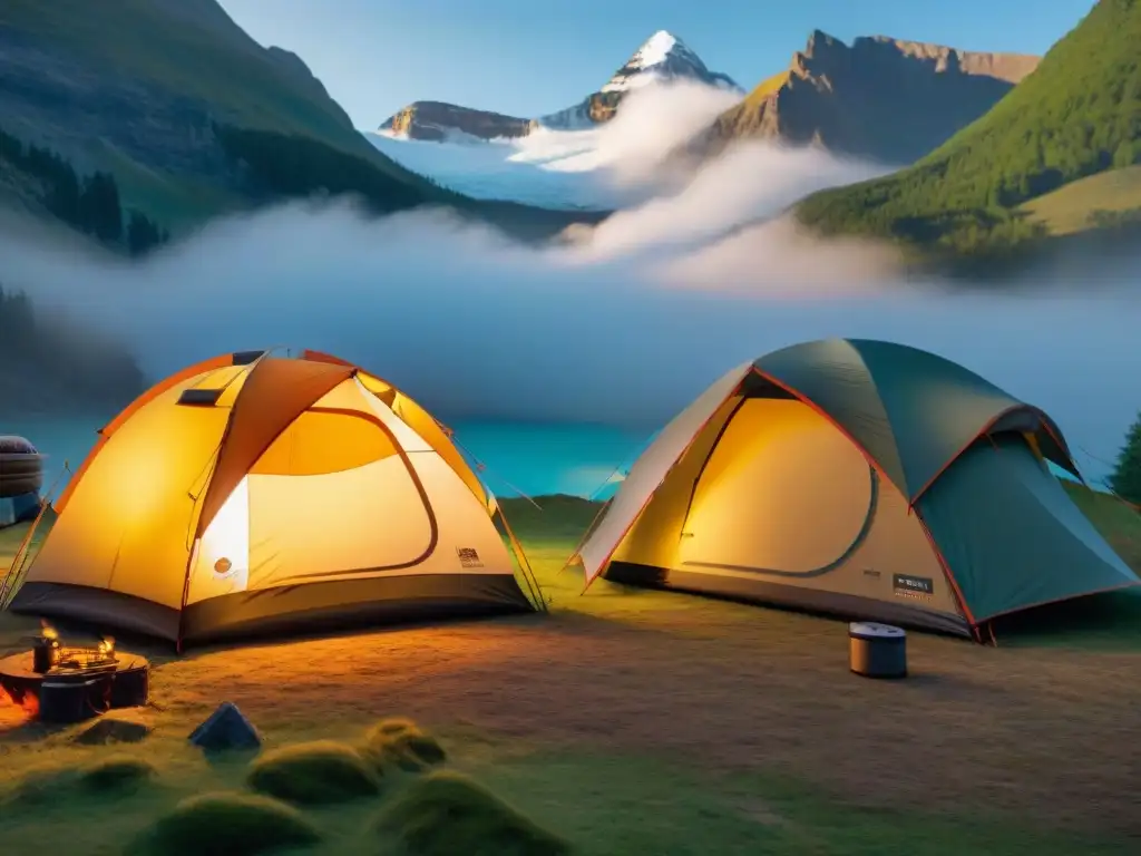Expertos campistas cuidando su carpa de lujo en la naturaleza Un grupo de experimentados campistas cuidando meticulosamente una tienda de campaña de alta gama en un entorno natural impecable