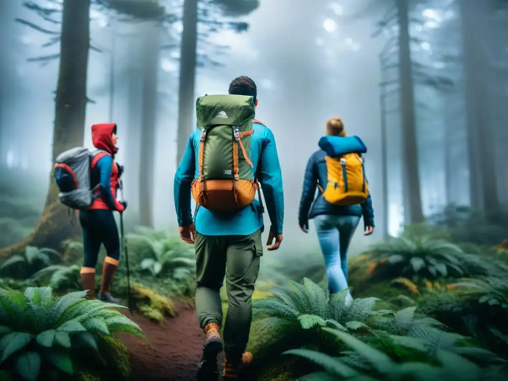 Exploradores expertos en bosque neblinoso de Uruguay Un grupo de experimentados excursionistas con mochilas técnicas para camping en Uruguay, explorando un bosque cubierto de niebla