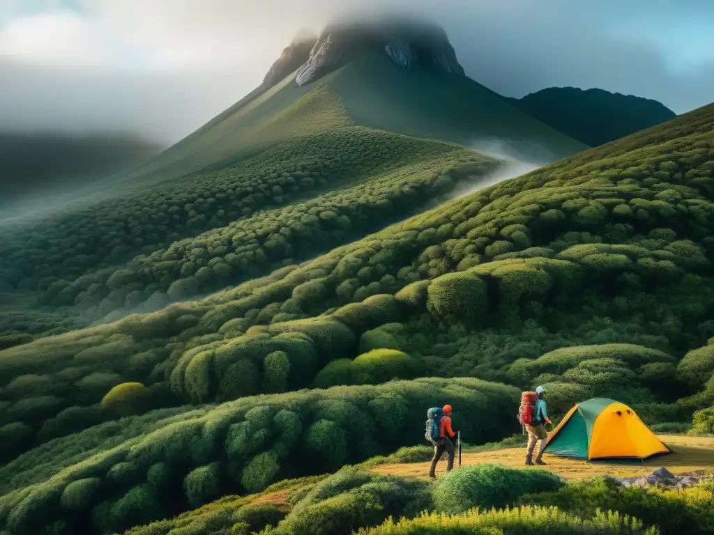 Épica expedición de montaña en Cerro Largo, Uruguay Un grupo de experimentados excursionistas con mochilas técnicas de calidad superior recorriendo un desafiante sendero en Cerro Largo, Uruguay