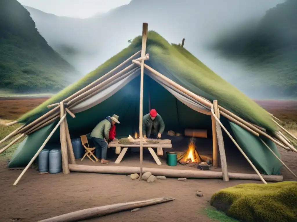 Expertos campistas construyen refugio en Uruguay Grupo de expertos campistas construyendo refugio en Uruguay con materiales naturales