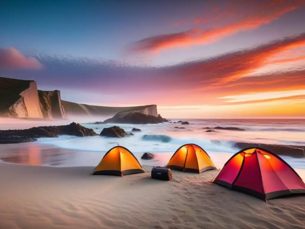 Atardecer épico en la costa de Uruguay: campamento y fuego Grupo de exploradores acampando en la costa de Uruguay al atardecer, iluminados por una fogata