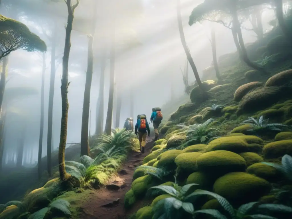 Exploradores en misterioso bosque de Uruguay Un grupo de exploradores en equipo resistente atraviesa un denso bosque cubierto de niebla en Uruguay