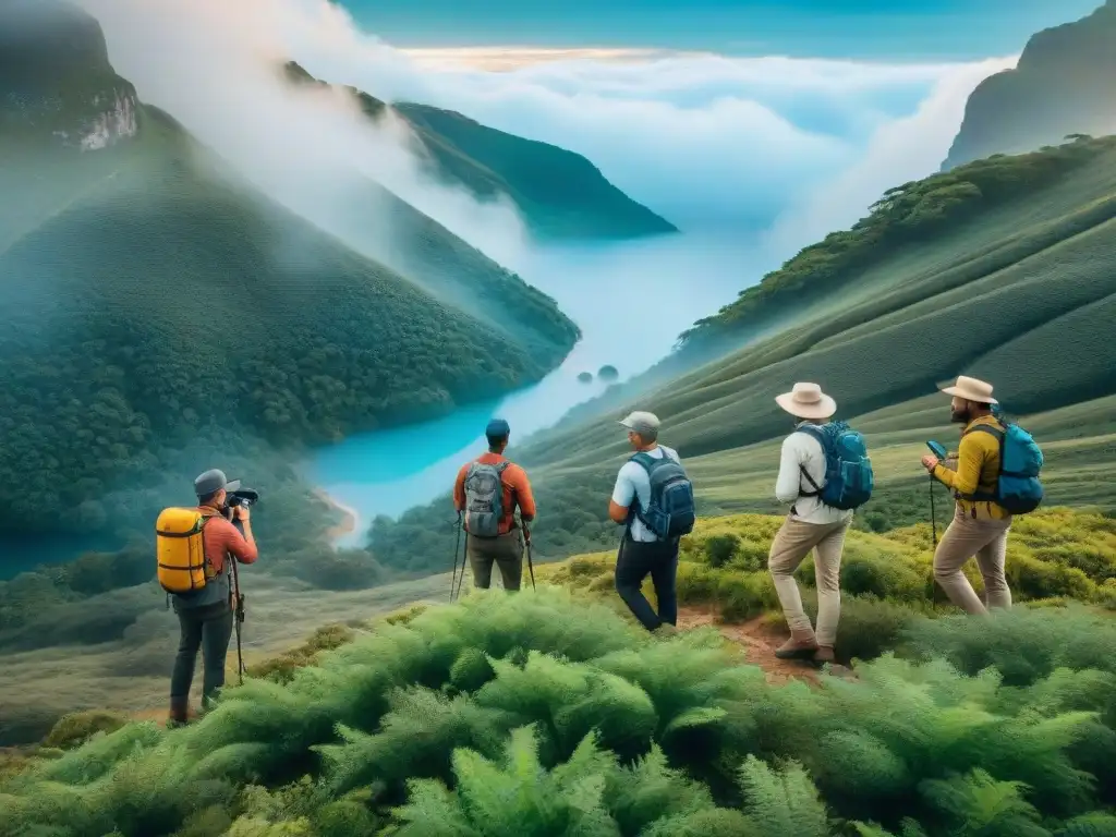 Exploradores en Uruguay: Navegando la naturaleza con GPS Grupo de exploradores usando GPS en la exuberante naturaleza de Uruguay