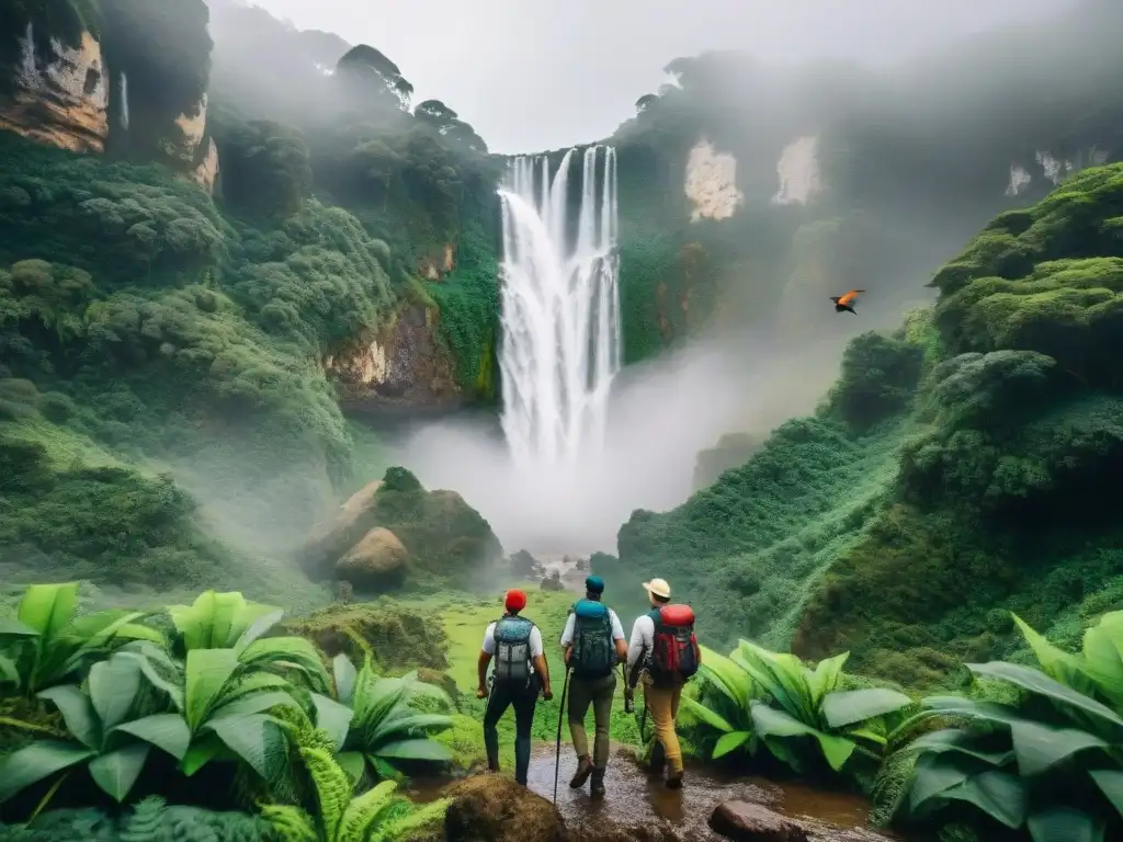 Exploradores aventureros en la selva de Uruguay Grupo de exploradores en Uruguay, inmersos en la exuberante jungla