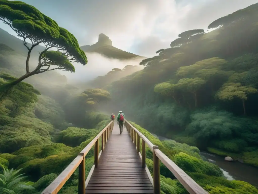 Exploradores en la selva de Uruguay: travesía emocionante Un grupo de exploradores en Uruguay cruzando un puente de madera sobre un río en medio de exuberante vegetación