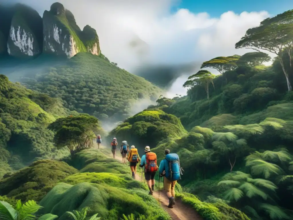 Exploradores en la selva de Uruguay: aventura y belleza Grupo de exploradores en una selva exuberante de Uruguay