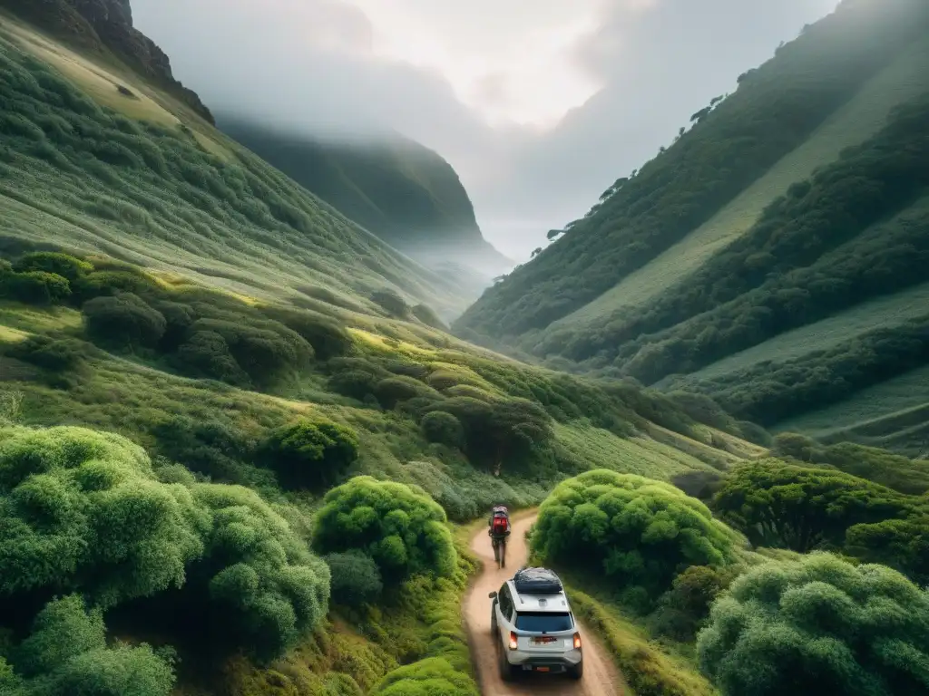 Expedición offroad con Gaia GPS en Uruguay Grupo de exploradores en un sendero offroad en Uruguay, usando aplicaciones móviles de supervivencia mientras exploran el terreno