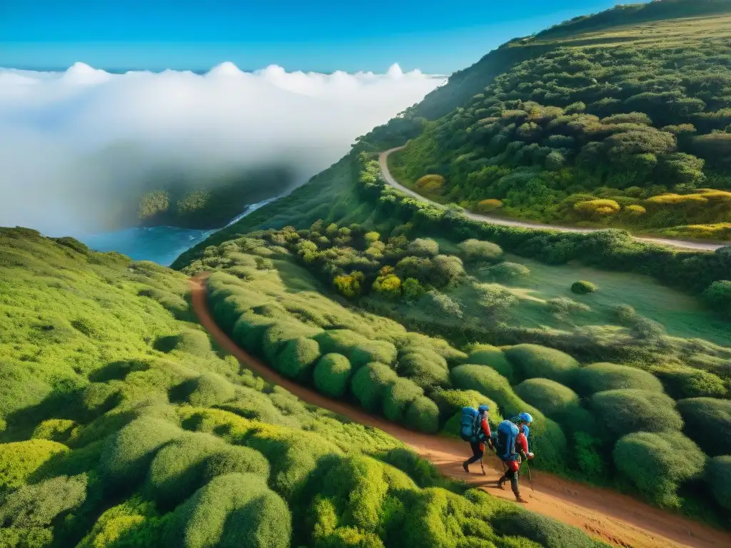 Exploradores felices en la naturaleza de Uruguay Grupo de exploradores disfrutando del turismo de aventura en Uruguay, rodeados de exuberante flora nativa y cielo azul