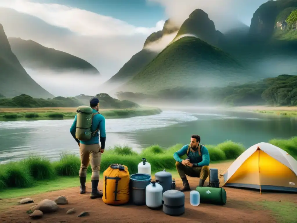 Exploradores uruguayos purificando agua en la naturaleza Grupo de exploradores uruguayos montando campamento junto a un río, filtrando agua con filtros de agua para camping en Uruguay