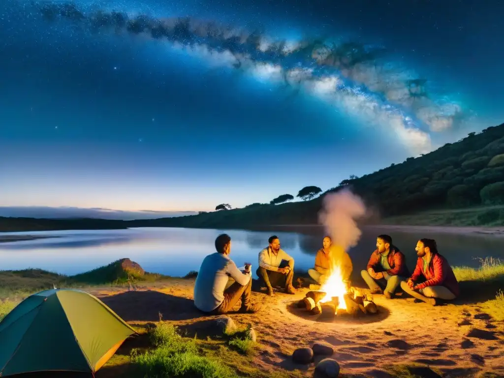Camping feliz en Uruguay: diversión alrededor de la fogata Un grupo feliz de campistas alrededor de una fogata en un campamento pintoresco en Uruguay, disfrutando juntos