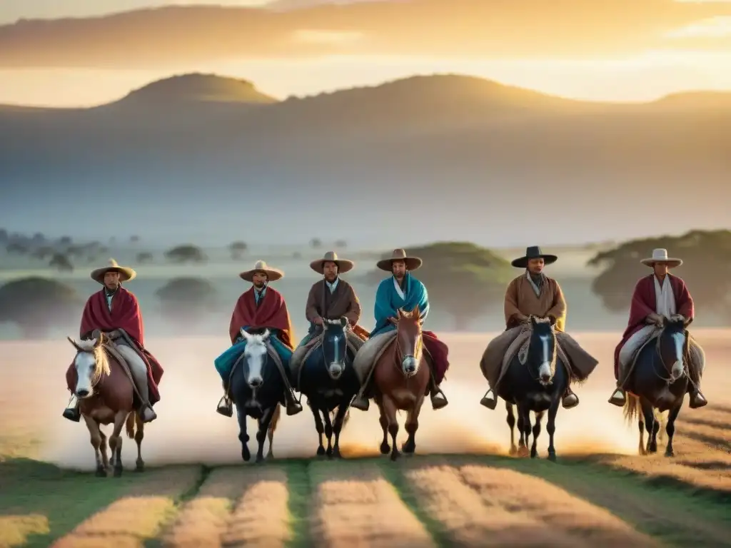 Gaucho uruguayo: tradición en la llanura al atardecer Grupo de gauchos uruguayos heredando ganado al atardecer