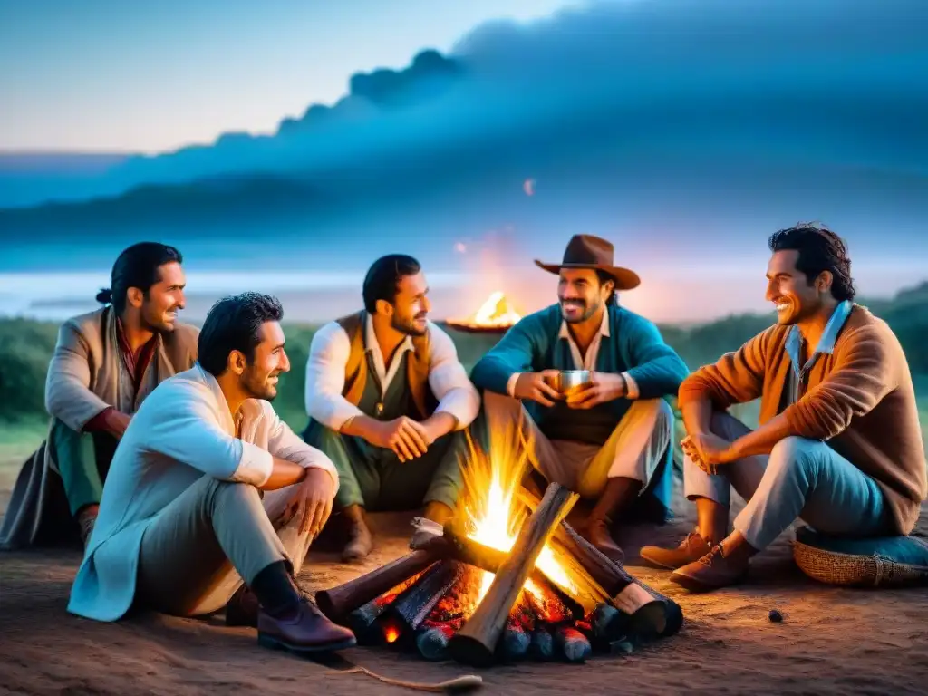 Gauchos uruguayos compartiendo mate alrededor del fuego Grupo de gauchos uruguayos compartiendo mate alrededor de fogata en camping económico en Uruguay