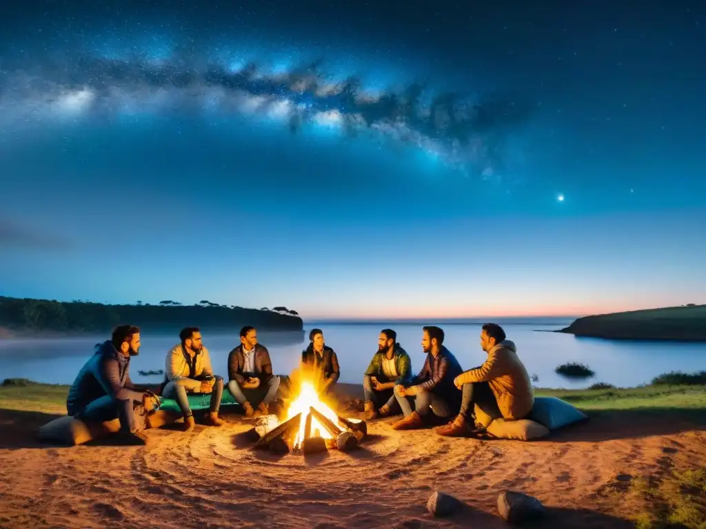 Profesionales en campamento tecnológico en Uruguay Grupo de jóvenes profesionales en un camping tecnológico en Uruguay, iluminados por sus dispositivos en una sesión de brainstorming bajo las estrellas