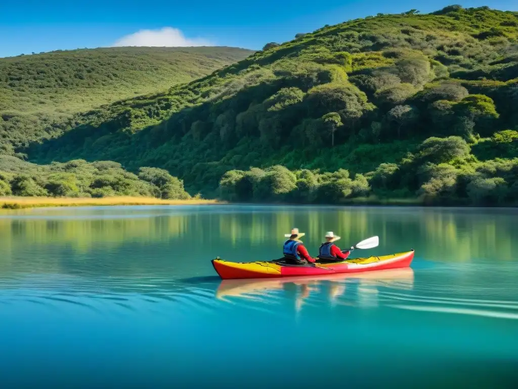 Kayakers explorando Laguna Garzón: aventura serena en Uruguay Un grupo de kayakistas remando en Laguna Garzón, rodeados de naturaleza exuberante y aves, con el puente circular al fondo