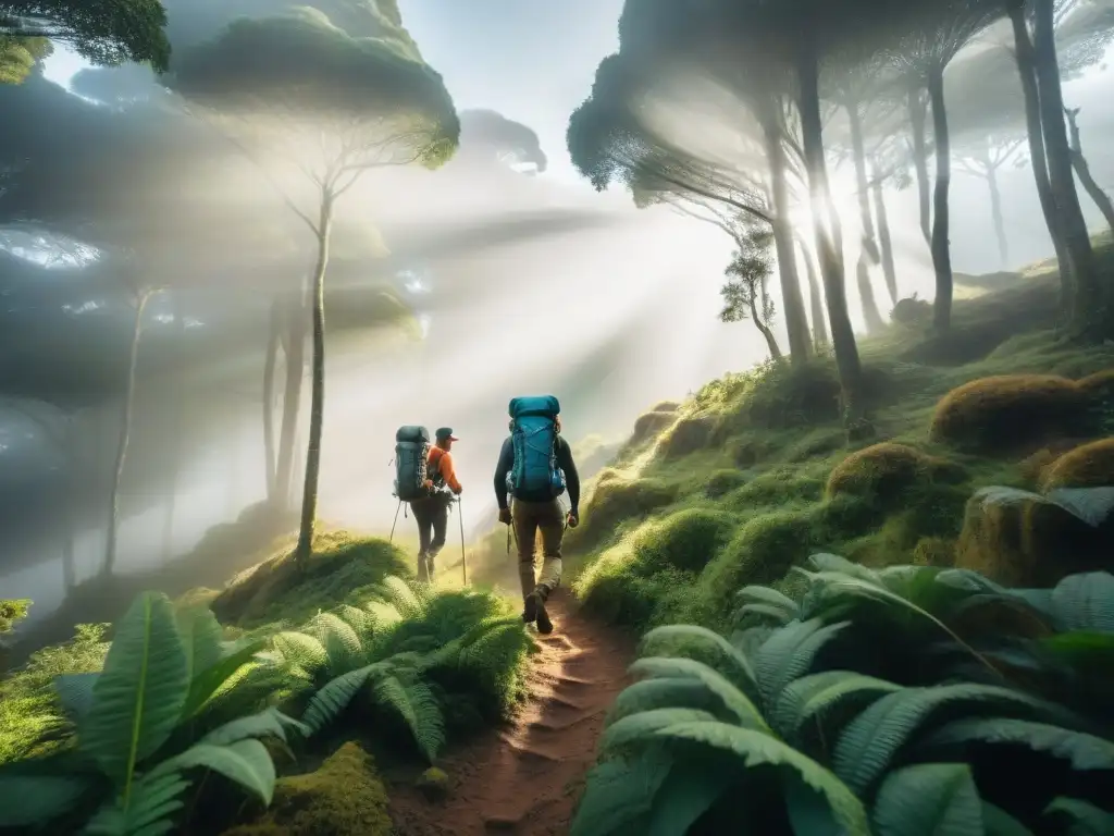 Exploración extrema: mochileros ultraligeros en Uruguay Grupo de mochileros con mochilas técnicas ultraligeras recorriendo paisajes verdes de Uruguay