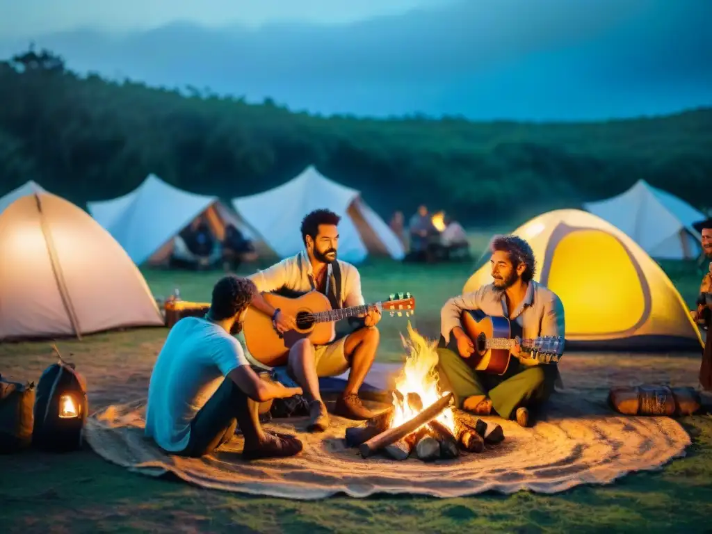 Concierto íntimo alrededor de la fogata en el bosque de Uruguay Grupo de músicos tocando alrededor de fogata en bosque uruguayo durante encuentros musicales camping Uruguay