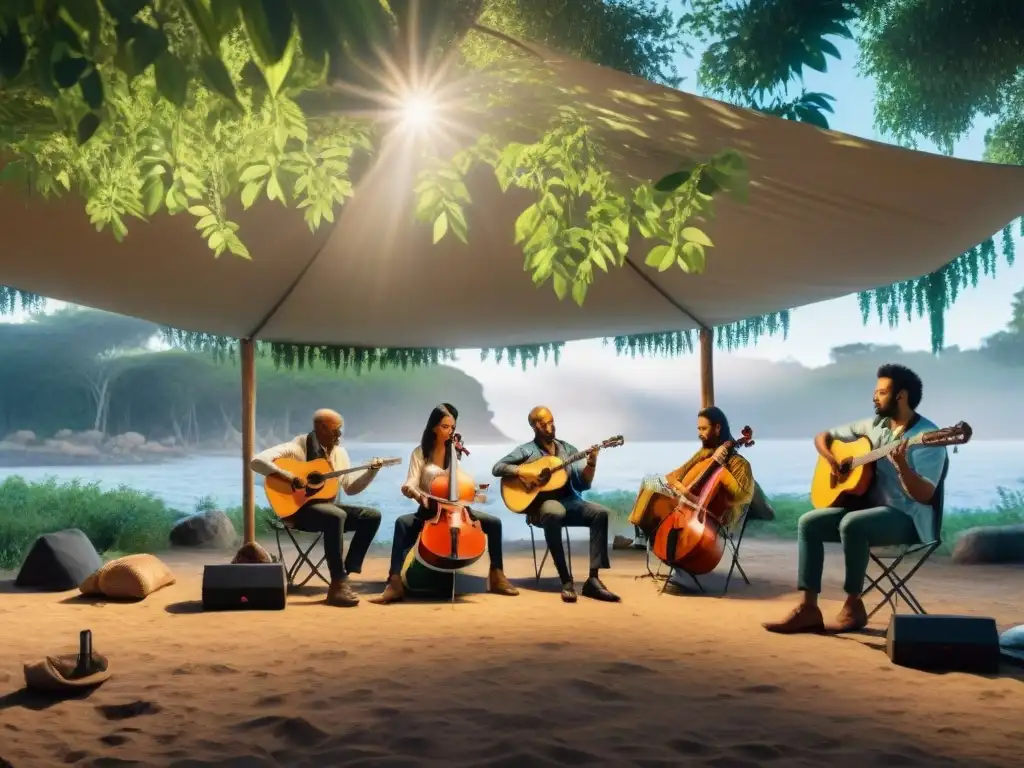 Concierto al aire libre: Músicos y campistas en Uruguay Un grupo de músicos diversos tocando instrumentos bajo un dosel de árboles verdes en un camping en Uruguay