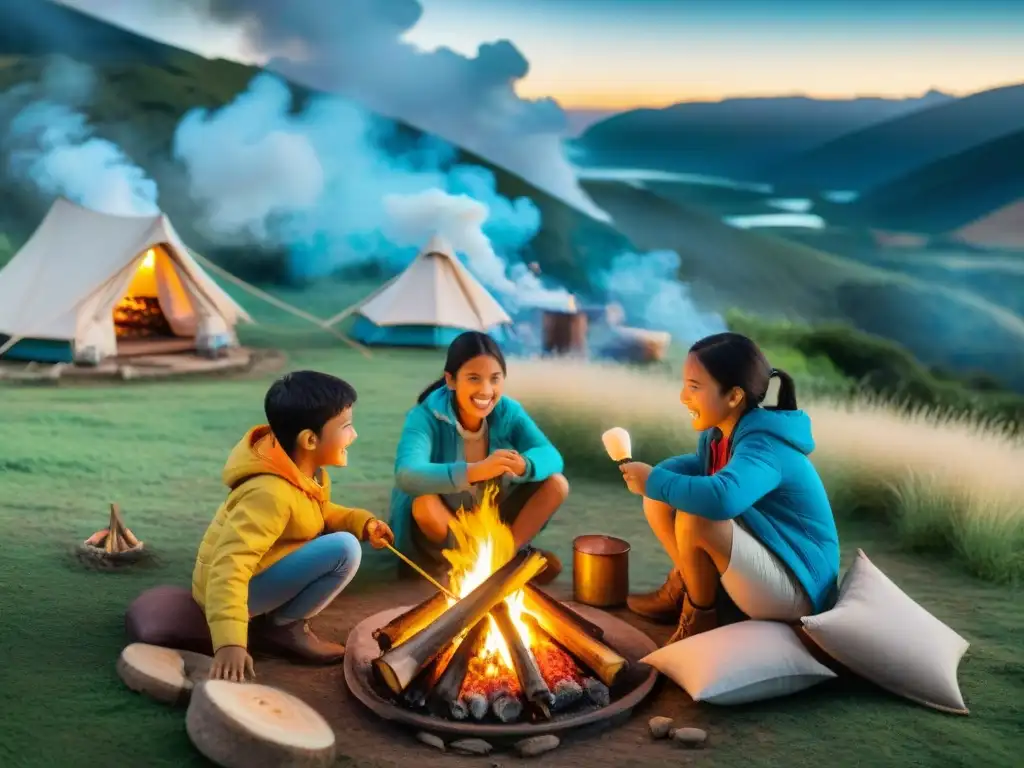 Un grupo de niños en el campo uruguayo asando malvaviscos alrededor de una fogata, bajo un cielo azul
