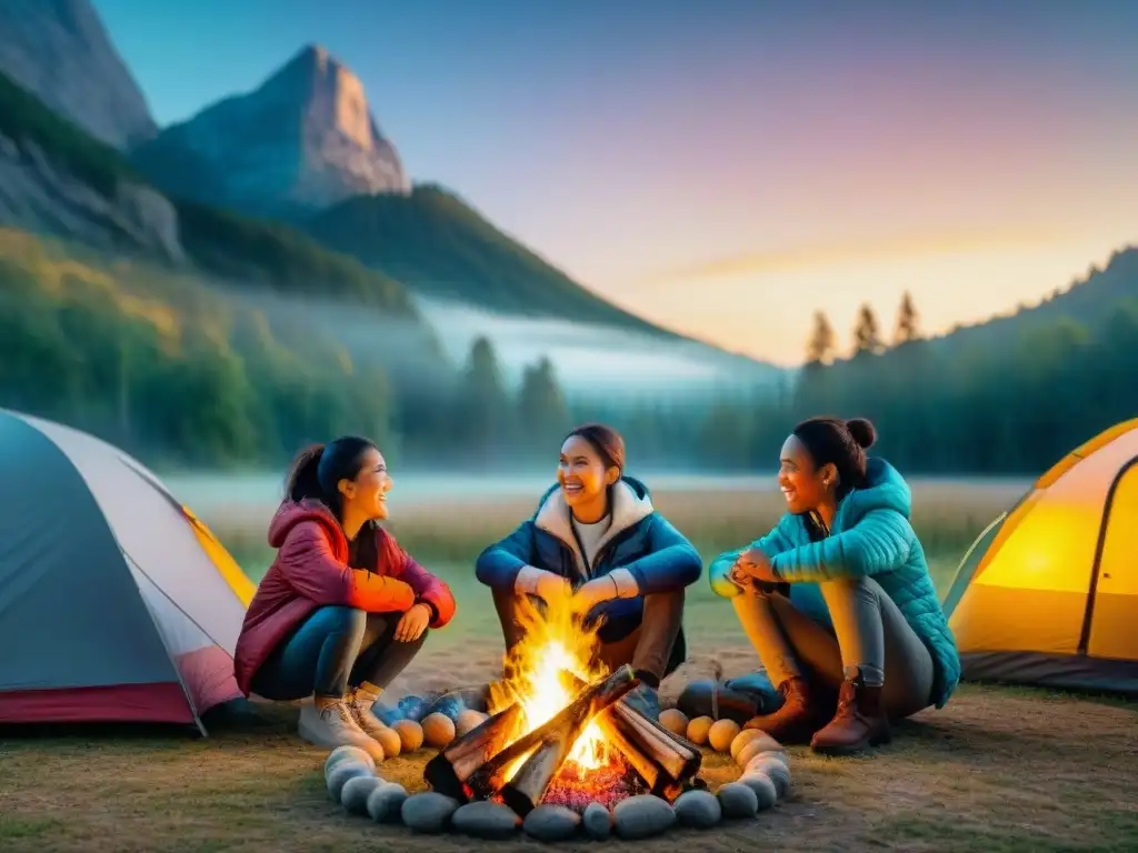 Niños felices en fogata: risas y marshmallows bajo las estrellas Grupo de niños felices en un campamento, asando malvaviscos alrededor de una fogata en la noche estrellada