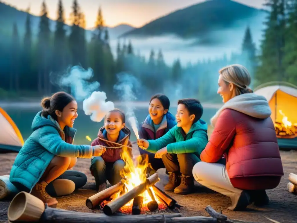 Emoción en el campamento: niños asan malvaviscos bajo las estrellas Grupo de niños acampando, cocinando malvaviscos en fogata