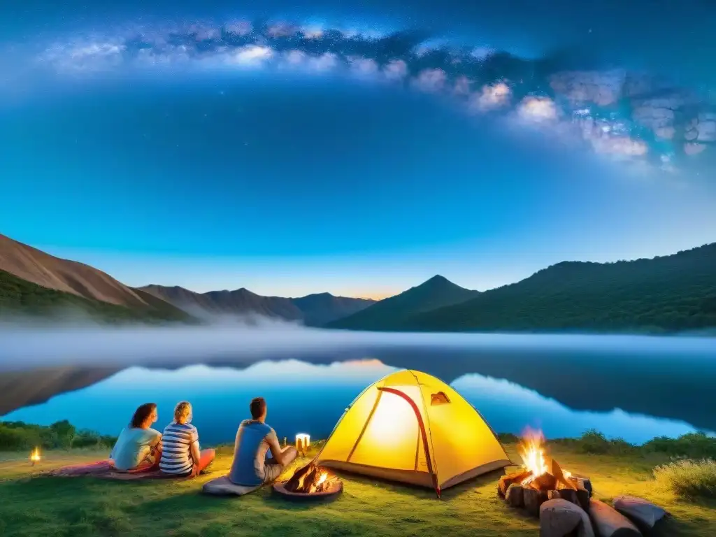 Camping infantil en Uruguay: aventuras y sonrisas en la naturaleza Un grupo de niños disfruta su primera aventura de camping en Uruguay, armando carpas, asando malvaviscos y explorando la naturaleza con sonrisas